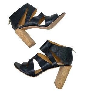 See by Chloe Dania Pietra Black Leather Cutout Cork Heels Sandals 39.5 / 9.5